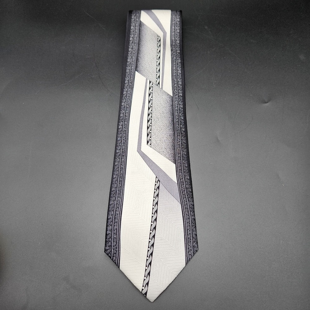 VTG Enrico Guccini Geometric Black and White Silk Necktie Tie Business Retro